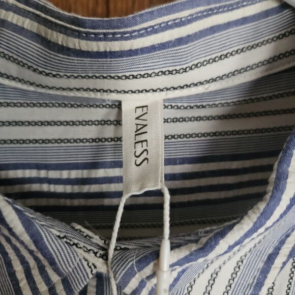 EVALESS Women's L Button Down Shirt Blouse White Blue Black Striped V Neck LS - Picture 9 of 11